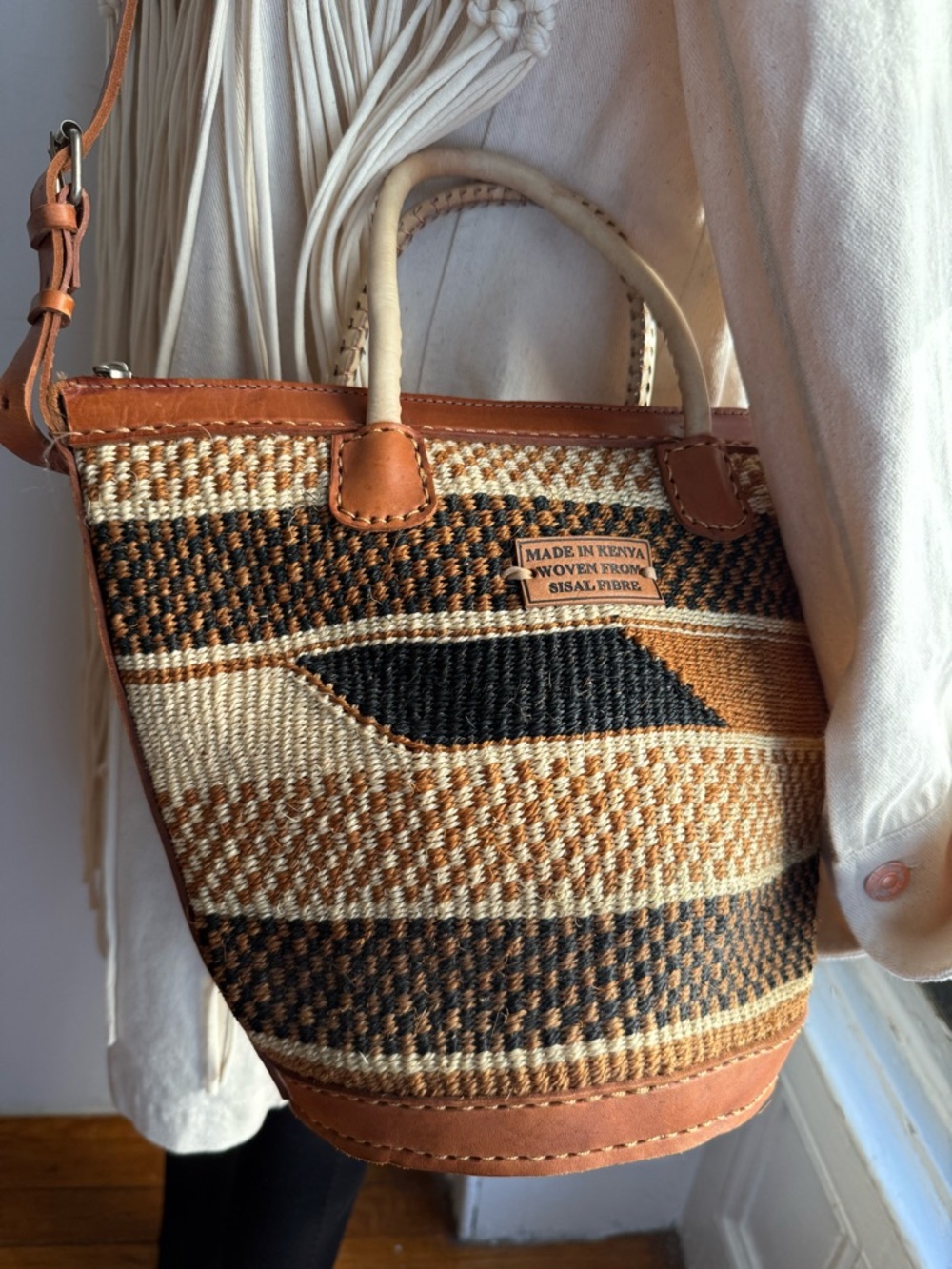 Handwoven Brown African Sisal Tote Bag Kenyan Basket Bag Leather Trim Large - Picture 11 of 11